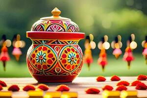 a colorful pot sitting on a table with red flowers. AI-Generated photo