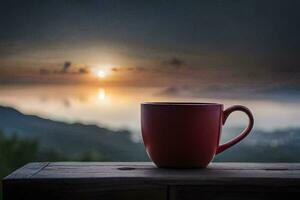 a red coffee cup sits on a wooden table overlooking the ocean. AI-Generated photo