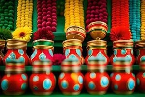 colorful pots and jars with colorful beads on them. AI-Generated photo