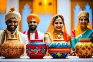 un grupo de personas en tradicional indio ropa. generado por ai foto