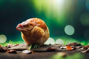 a small chicken is standing on the ground. AI-Generated photo