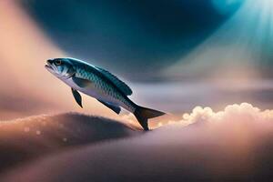 a fish is flying over the ocean in a bright light. AI-Generated photo