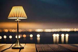 a lamp on a table in front of a city at night. AI-Generated photo