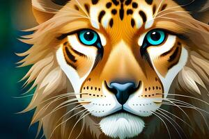 un Tigre con azul ojos y un grande nariz. generado por ai foto