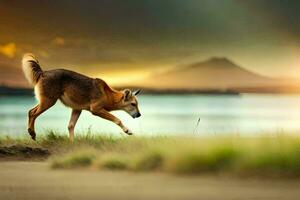 a deer running across the grassy field. AI-Generated photo