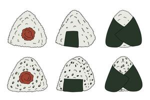 conjunto de imágenes prediseñadas onigiri dibujadas a mano. comida rápida japonesa hecha de arroz. bola de arroz en alga nori vector