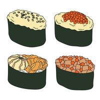 Hand drawn gunkan maki sushi clipart set. Japanese traditional cuisine dishes. Asian food vector