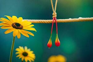 yellow flowers and a rope hanging from a tree. AI-Generated photo