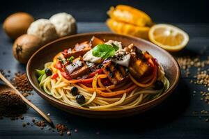 pasta with tofu and vegetables in a bowl on a dark table. AI-Generated photo