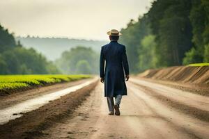 a man in a suit and hat walking down a dirt road. AI-Generated photo