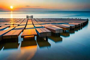 a pier with wooden benches in the water at sunset. AI-Generated photo