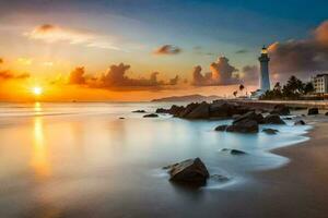 the sun sets over the ocean and a lighthouse. AI-Generated photo