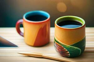 two colorful coffee mugs sit on a wooden table next to a tablet and pen. AI-Generated photo