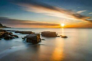 the sun sets over the ocean in this long exposure photograph. AI-Generated photo