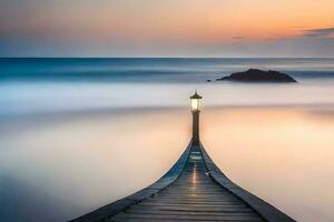 a long wooden pier with a light at the end. AI-Generated photo