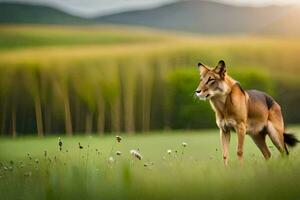 a wolf is standing in the grass in front of a field. AI-Generated photo