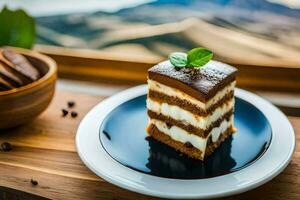 un pedazo de pastel en un plato con un ver de montañas. generado por ai foto