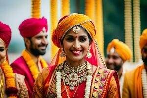 a bride and groom in traditional indian attire. AI-Generated photo