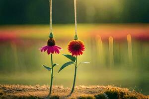 two flowers hanging from strings in a field. AI-Generated photo