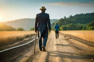 two men walking down a dirt road with a cane. AI-Generated photo