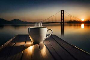 a coffee cup on a wooden table with a view of the golden gate bridge. AI-Generated photo