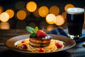 a plate of pasta with a strawberry on top and a glass of beer. AI-Generated photo