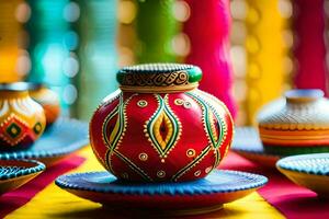 colorful pottery on a table with colorful cloth. AI-Generated photo