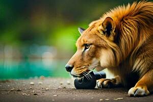 a lion is sitting on the ground with a water bottle. AI-Generated photo