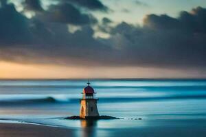 a lighthouse stands on the beach at sunset. AI-Generated photo