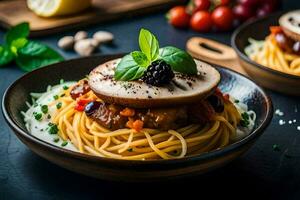 spaghetti with meat and vegetables in a bowl. AI-Generated photo