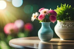 a vase with pink flowers on a table. AI-Generated photo