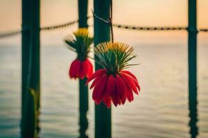 red flowers hanging from a fence near the ocean. AI-Generated photo