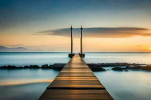 a long pier stretching into the ocean at sunset. AI-Generated photo