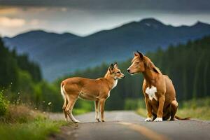 a deer and a horse standing on the road. AI-Generated photo