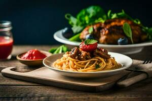 spaghetti with meat and vegetables on a wooden table. AI-Generated photo