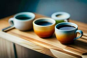 Tres café tazas en un de madera bandeja. generado por ai foto