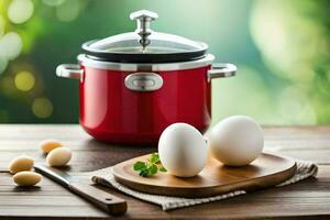 two eggs on a cutting board next to a red pot. AI-Generated photo