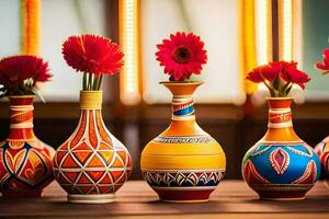 five colorful vases with red flowers in them. AI-Generated photo