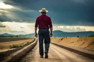 a man in a hat walks down a dirt road. AI-Generated photo