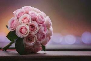pink roses on a wooden table with a blurred background. AI-Generated photo