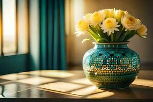 a vase with yellow flowers sitting on a table. AI-Generated photo