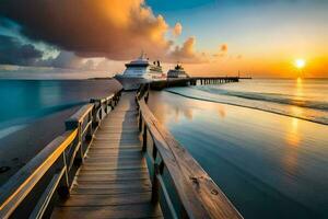 un crucero Embarcacion atracado a el muelle a puesta de sol. generado por ai foto