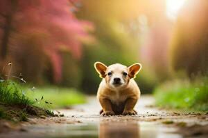 a puppy is standing in the water on a path. AI-Generated photo