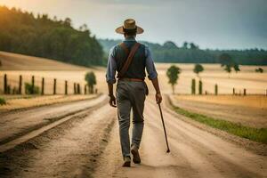 a man walking down a dirt road with a cane. AI-Generated photo