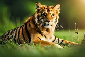 a tiger is sitting in the grass. AI-Generated photo