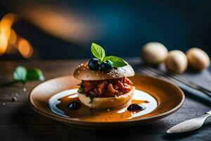 a sandwich with blueberries and tomatoes on a plate. AI-Generated photo