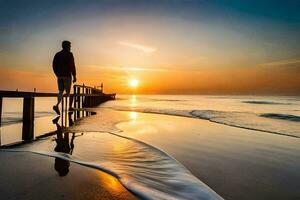 a man standing on a pier at sunset. AI-Generated photo