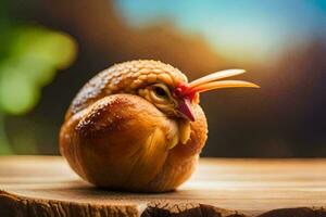 un caracol con un largo pico sentado en parte superior de un de madera mesa. generado por ai foto