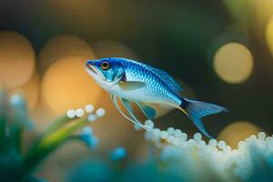 un pequeño azul pescado es en pie en parte superior de algunos blanco flores generado por ai foto