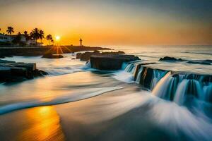 the sun sets over the ocean and waves crashing into rocks. AI-Generated photo